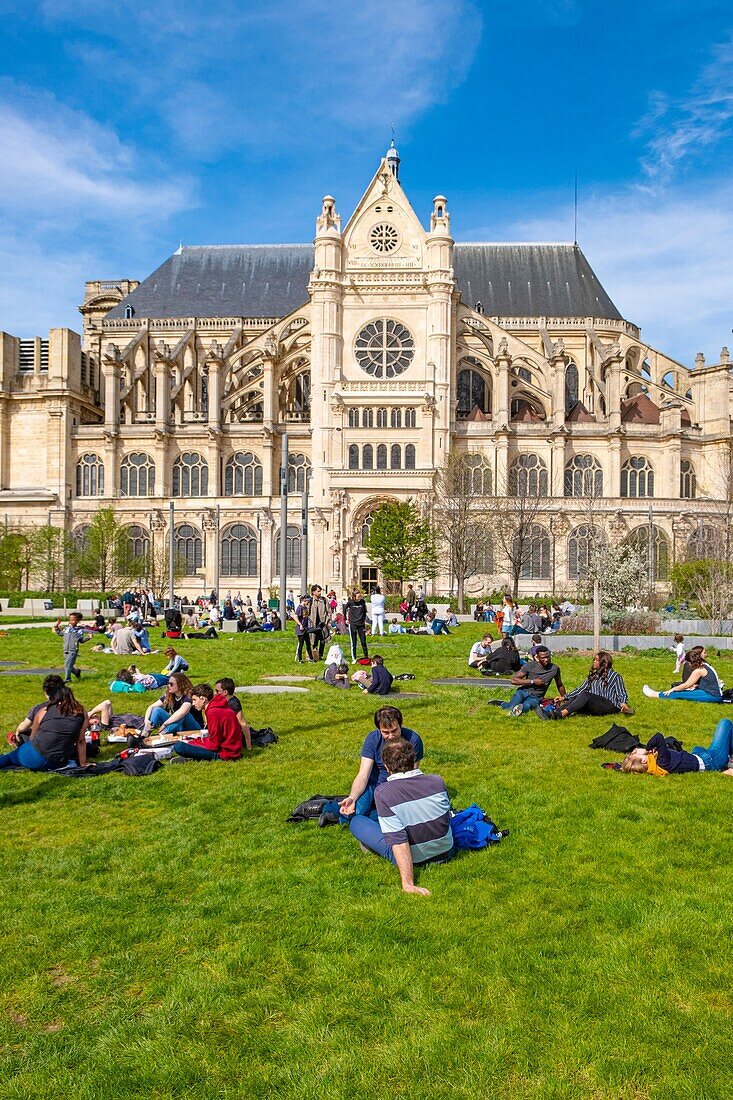 France, Paris, Les Halles Forum, Nelson Mandela Garden and Saint Eustache Church\n