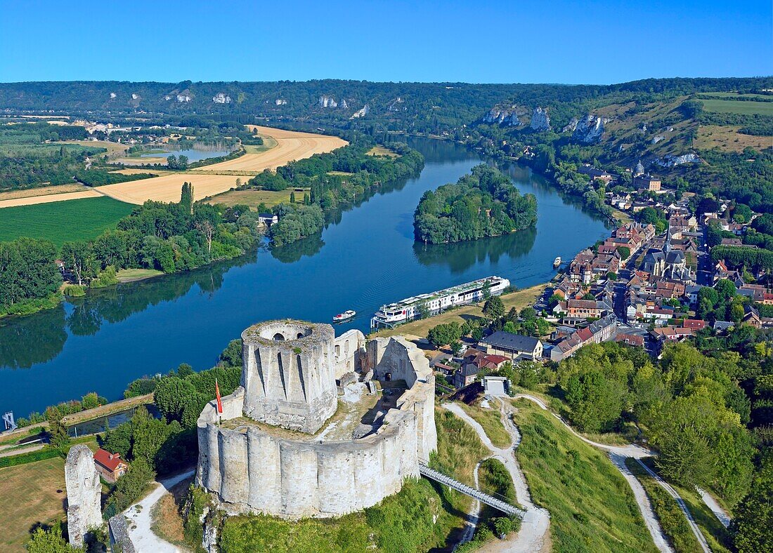 France, Eure, Les Andelys, the ruins of the forteress of Château Gaillard and the Seine river (aerial view)\n