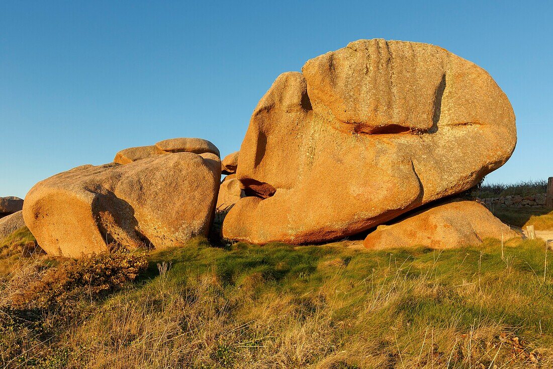 France, Cotes d'Armor, Pink Granite Coast, Perros Guirec, on the Customs footpath or GR 34 hiking trail, the rocks at Ploumanac'h point\n