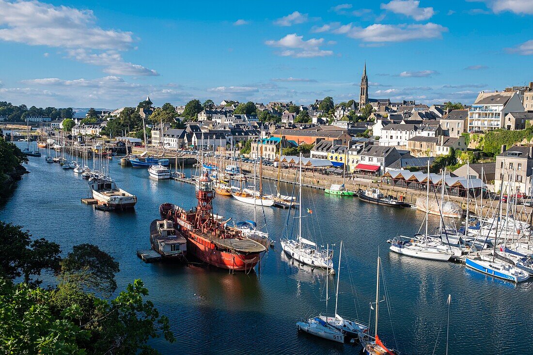 France, Finistere, Douarnenez, Port-Rhu and Sacred Heart church in the background\n