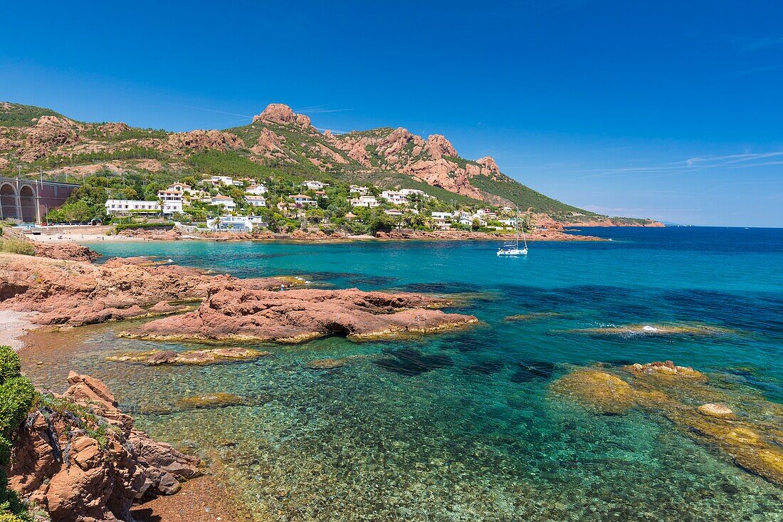 France, Var, Corniche de l'Esterel or corniche d'Or, Saint Raphael, Antheor and Massif de l'Esterel in the background\n