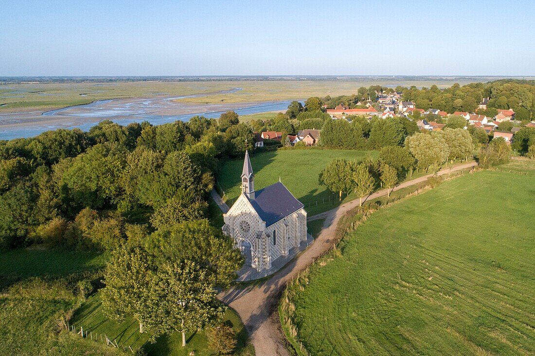 France, Somme, Baie de Somme, Saint Valery sur Somme, Cap Hornu, Sailors' Chapel (aerial view)\n