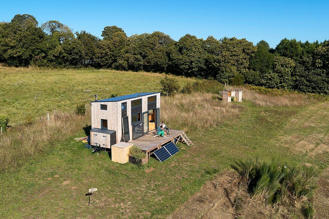 France, Finistere, Concarneau, experimentation of low-tech solutions in a tiny-house, two engineers (Pierre-Alain Leveque and Clement Chabot) built and live in a tiny-house (trailer-mounted micro-house) for test low-tech solutions (aerial view)\n