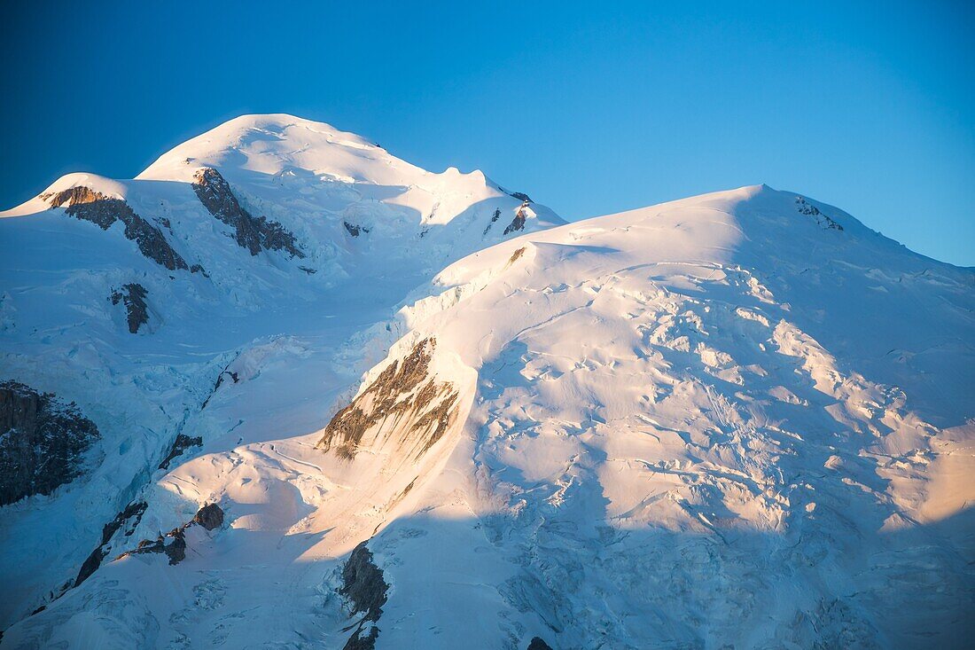 France, Haute Savoie, Chamonix Mont Blanc, Mont Blanc (4810m) at sunrise\n