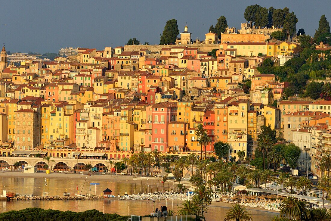 France, Alpes Maritimes, Cote d'Azur, Menton, the beach and the old town\n