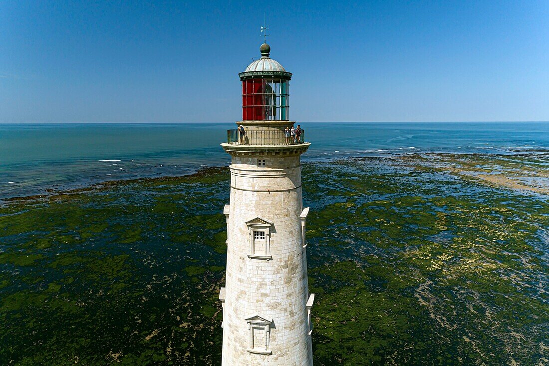 France, Gironde, Verdon-sur-Mer, rocky plateau of Cordouan, lighthouse of Cordouan, classified Historical Monuments, general view (aerial view)\n