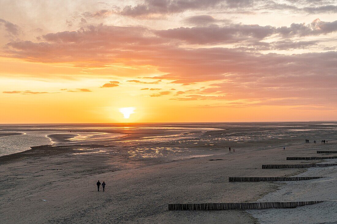 France, Somme, Baie de Somme, Le Crotoy, Sunset over the bay at low tide from the viewpoint on the heights of the city\n