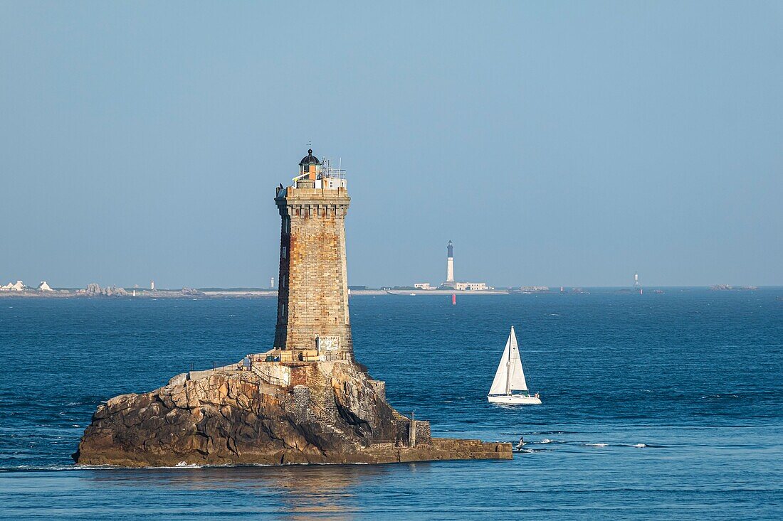 France, Finistere, Plogoff, Pointe du Raz, La Vieille lighthouse and Sein island in the background\n