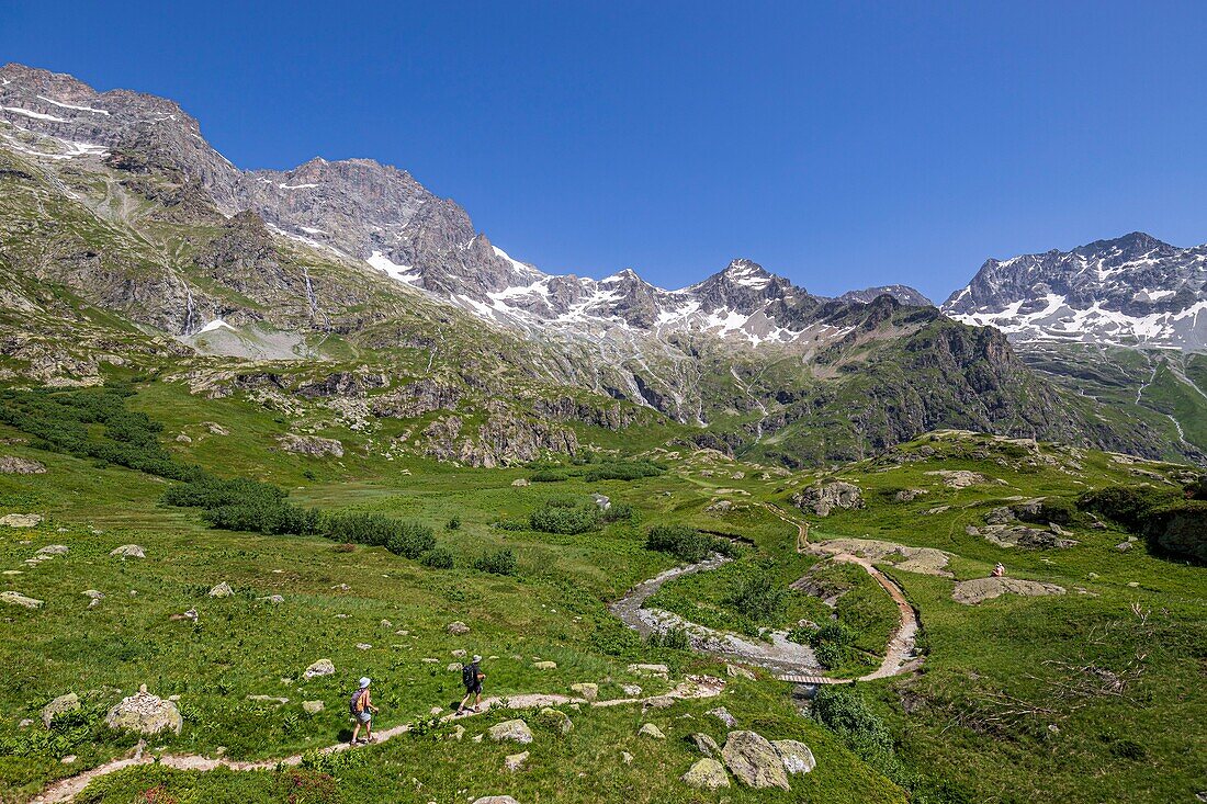 France, Hautes Alpes, Ecrins National Park, valley of Valgaudemar, La Chapelle en Valgaudemar, the glacial circus of Gioberney, hiking to Lauzon Lake\n