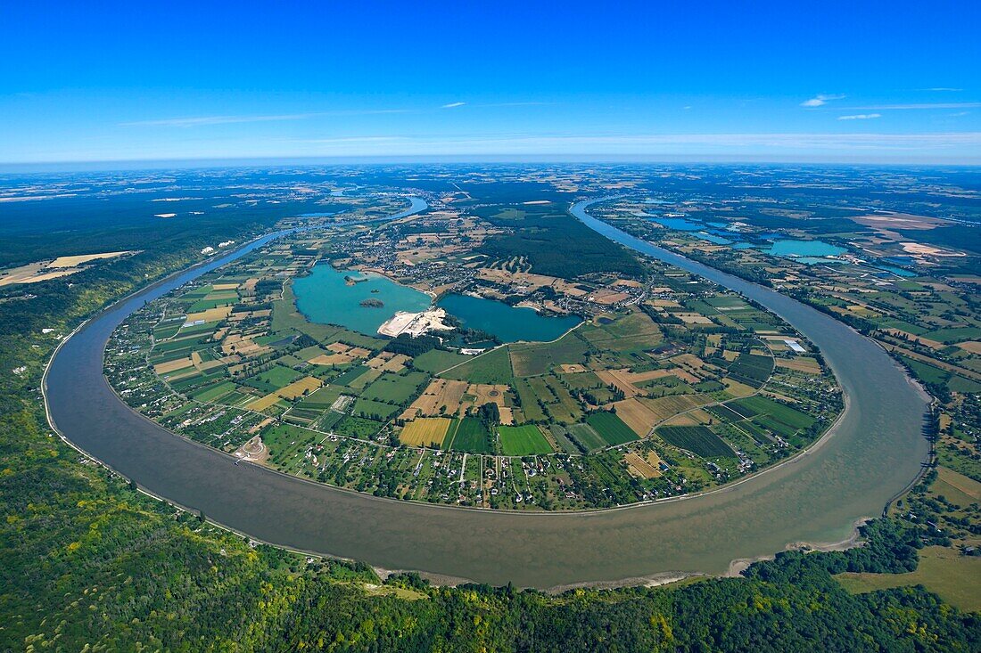France, Seine-Maritime, Norman Seine river Meanders regional nature park, the meander of Jumièges (aerial view)\n
