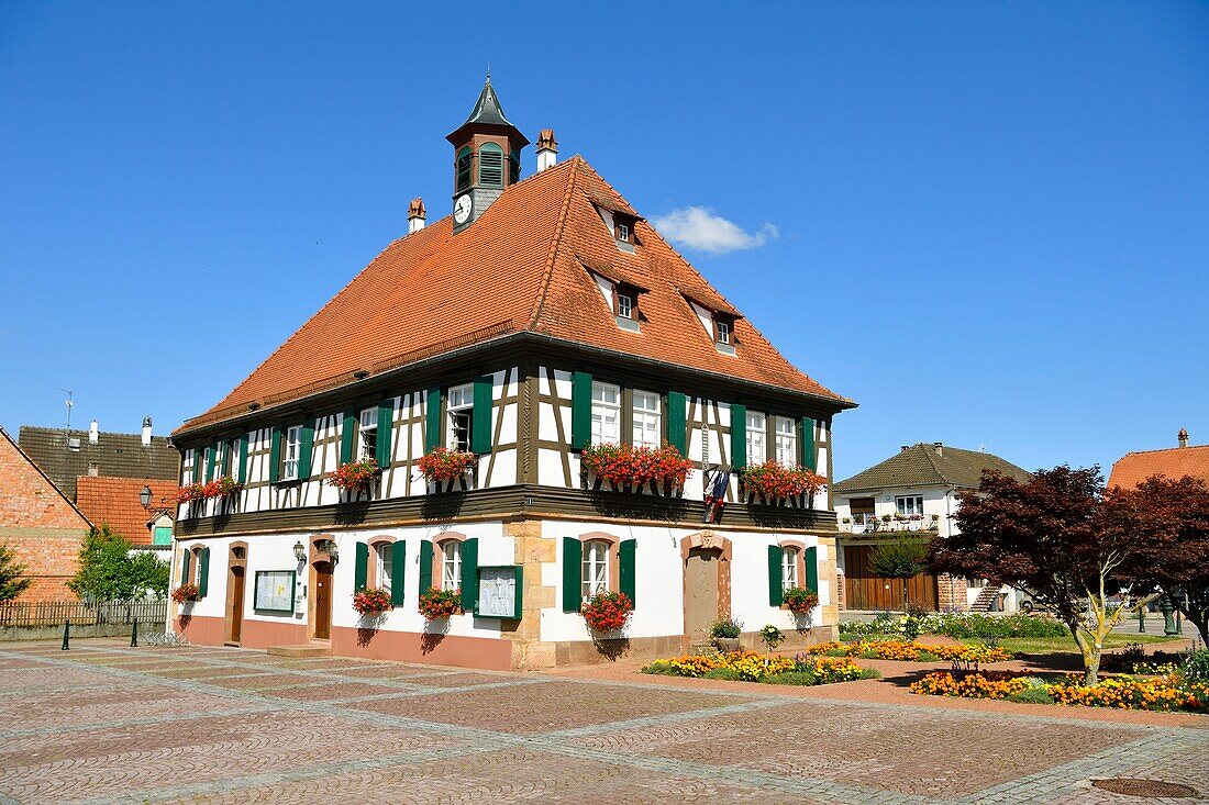 France, Bas Rhin, Seebach, city hall, traditional half-timbered houses of the Outre Foret (Northern Alsace)\n