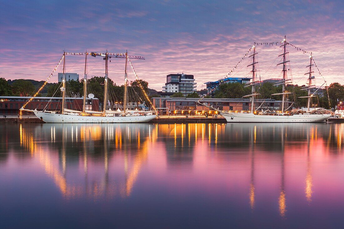France, Seine Maritime, Rouen, Armada 2019, sky and tall ships reflection on the Seine River at sunrise\n