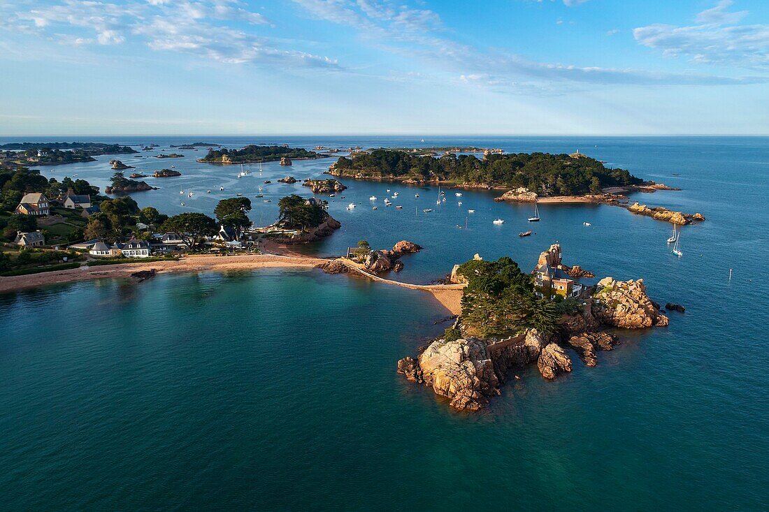 France, Cotes d'Armor, Ile de Brehat, Guerzido Beach and Cove la Chambre (aerial view)\n