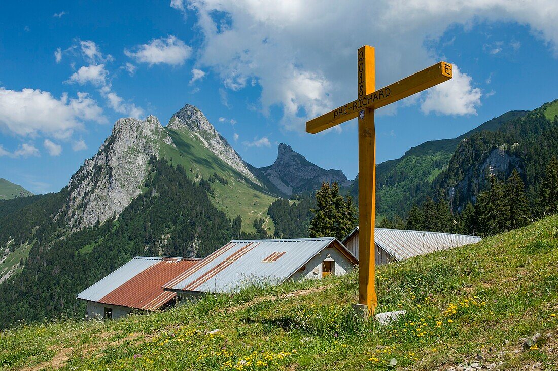 France, Haute Savoie, massif of Chablais, Bernex, Oche and the Oche from the alp cross and the farms of Richard\n