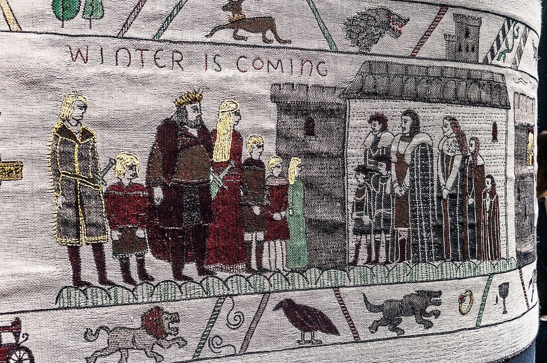 France, Calvados, Bayeux, inauguration of the Game of Throne Tapestry more than 80 meters long in Hotel du Doyen heritage building, the Stark family , the scenes of the Bayeux Tapestry are embroidered with woollen threads on a linen canvas\n