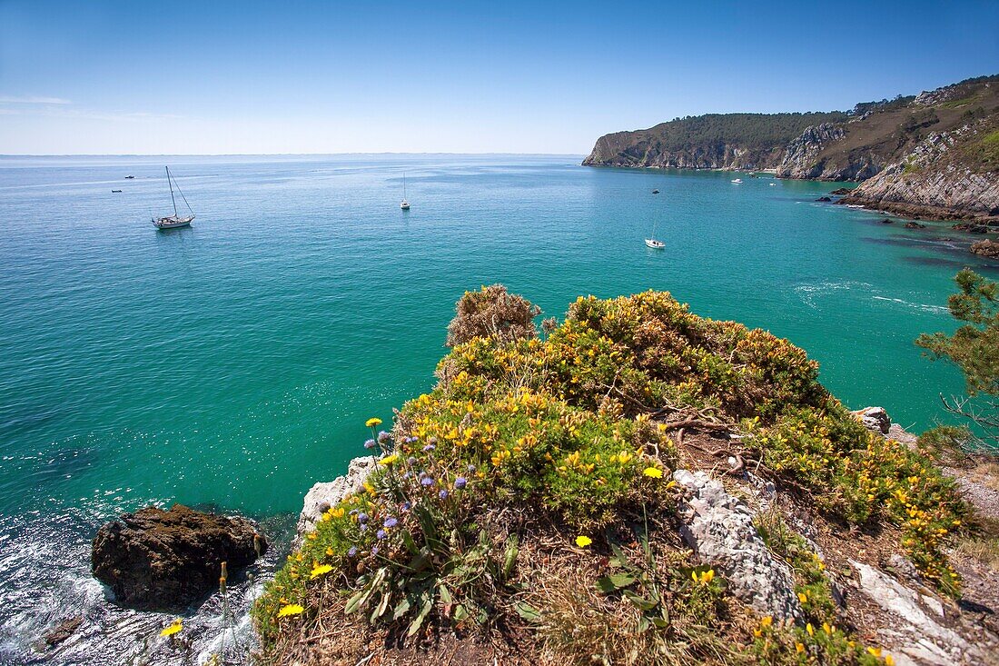 France, Finistere, Presqu'i?le de Crozon, The tip of Rostudel from the cove of the Virgin Island in Saint Hernot\n