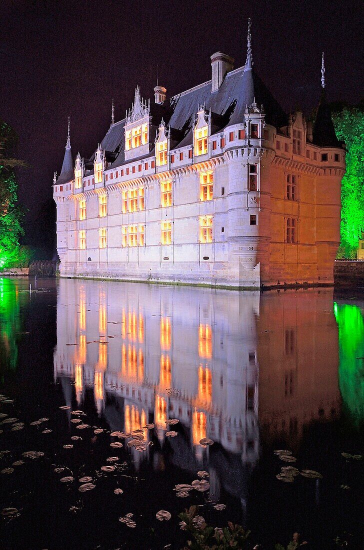 France, Indre et Loire, Loire Valley listed as World Heritage by UNESCO, Chateau d'Azay le Rideau during sound and light show\n
