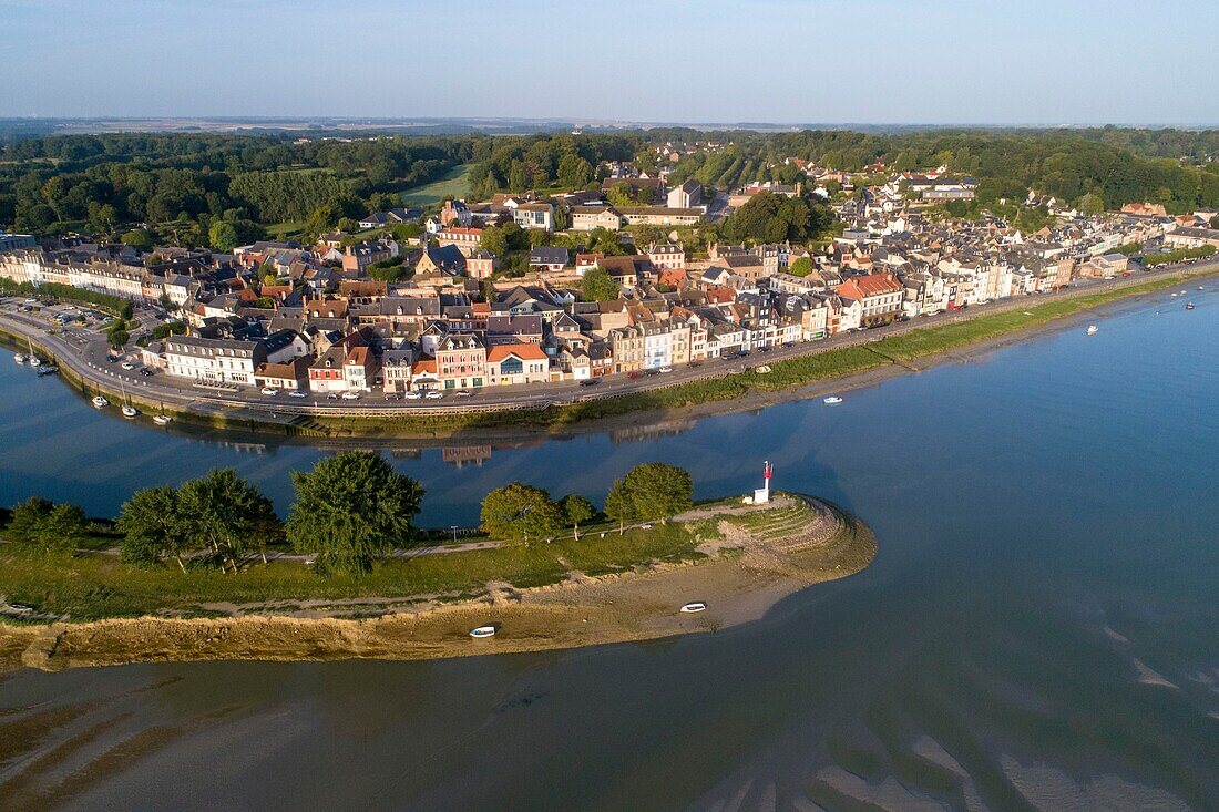 France, Somme, Baie de Somme, Saint Valery sur Somme, mouth of the Somme in the bay (aerial view)\n