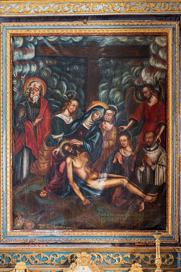 France, Alpes-Maritimes, Mercantour National Park, Tinée valley, Saint-Dalmas-le-Selvage, parish church Saint-Dalmas, painting of the Descent of the Cross, work of Pierre Puons from 1652\n