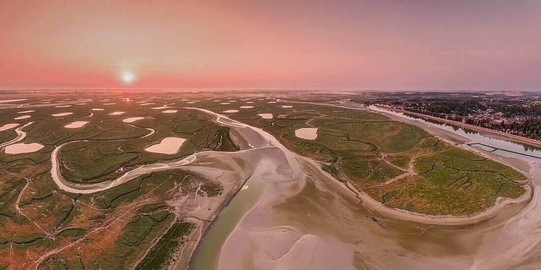 France, Somme, Somme Bay, Saint Valery sur Somme, Cape Hornu, the salted meadows and channels at dawn at low tide (aerial view)\n