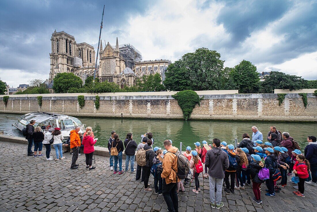 France, Paris, the banks of the Seine river, a UNESCO World Heritage site, Ile de la Cité, Notre-Dame Cathedral after the fire of April 15, 2019\n