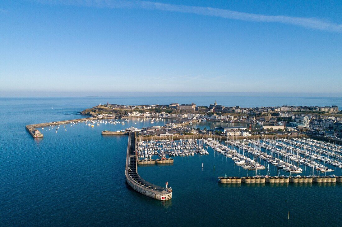 France, Manche, Granville, the harbour, the Roc and the Pointe du Roc (aerial view)\n