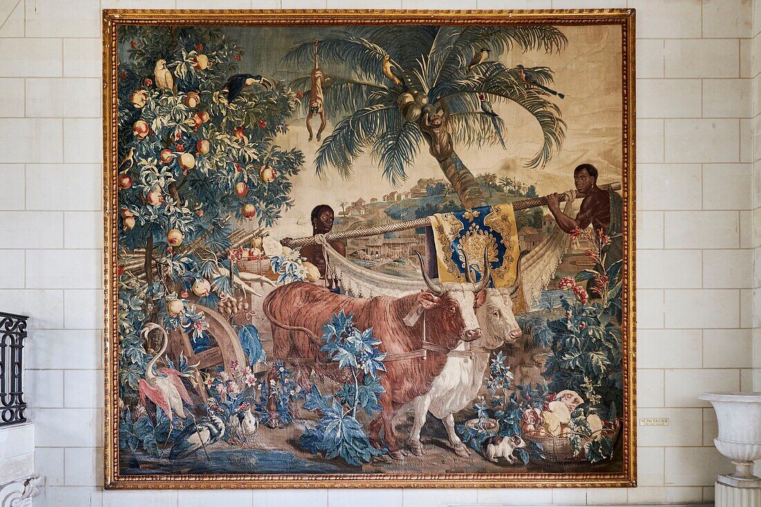 France, Indre, Berry, Loire castles, Chateau de Valencay, Grand staircase, Gobelin Tapestry of 1735, work by the animal painter François Desportes\n
