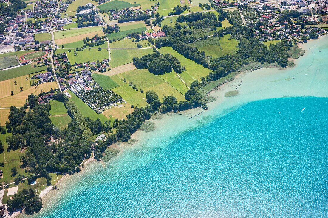 France, Haute Savoie, Annecy lake (aerial view)\n