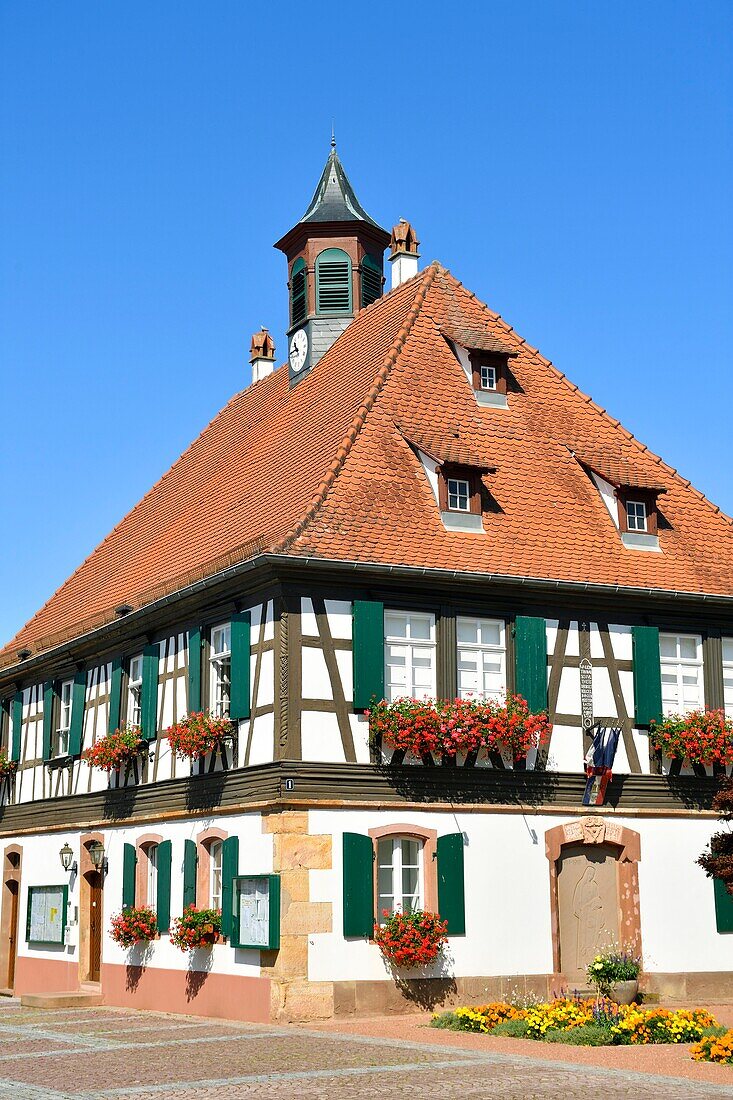 France, Bas Rhin, Seebach, city hall, traditional half-timbered houses of the Outre Foret (Northern Alsace)\n