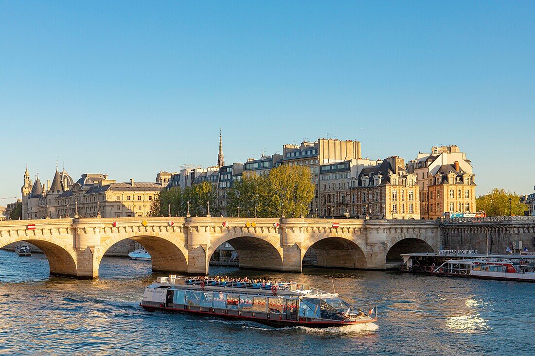 France, Paris, area listed as World Heritage by UNESCO, fly boat in front of Ile de la Cite and Pont Neuf\n