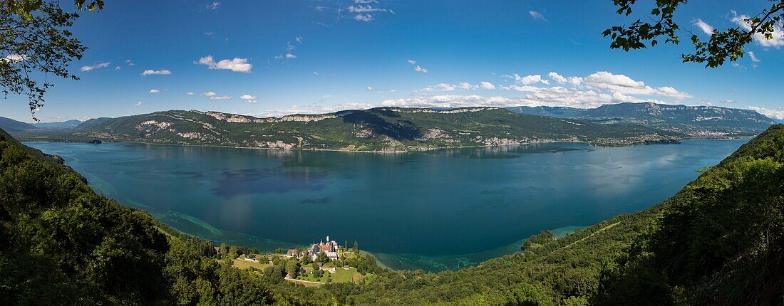 France, Savoie, Lake Bourget, Aix les Bains, Riviera of the Alps, panoramic view of the abbey of Hautecombe occupied today by the community of Chemin Neuf and the mountains of Sapenay (980m) and Corsuet\n