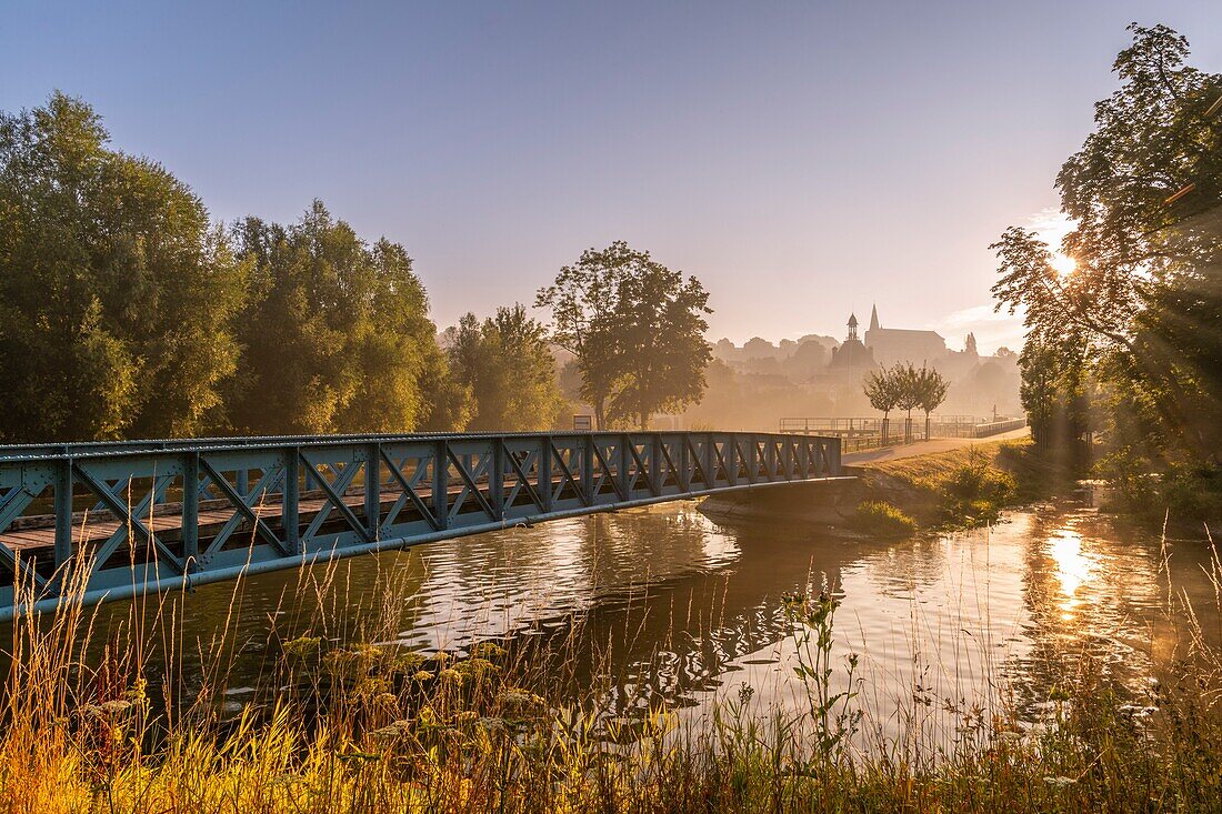 France, Somme, Valley of the Somme, Long, the banks of the Somme in the early morning, along the river\n