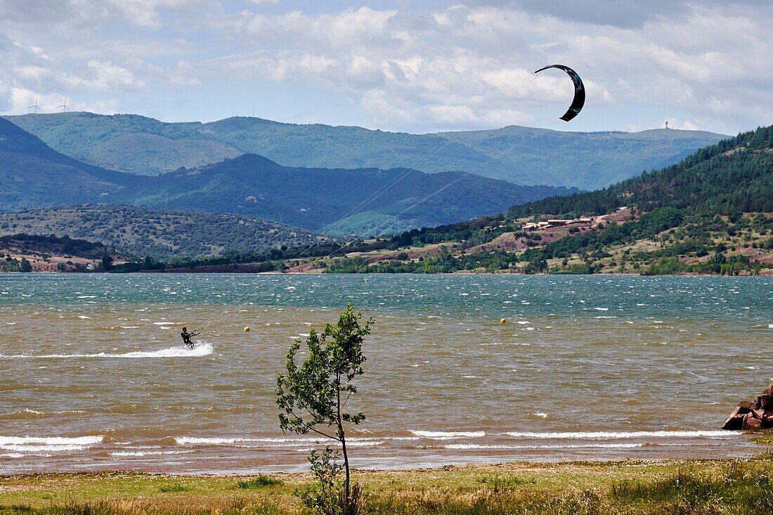 France, Herault, Clermont l'Herault, Kiteboarding on the Salagou Lake\n