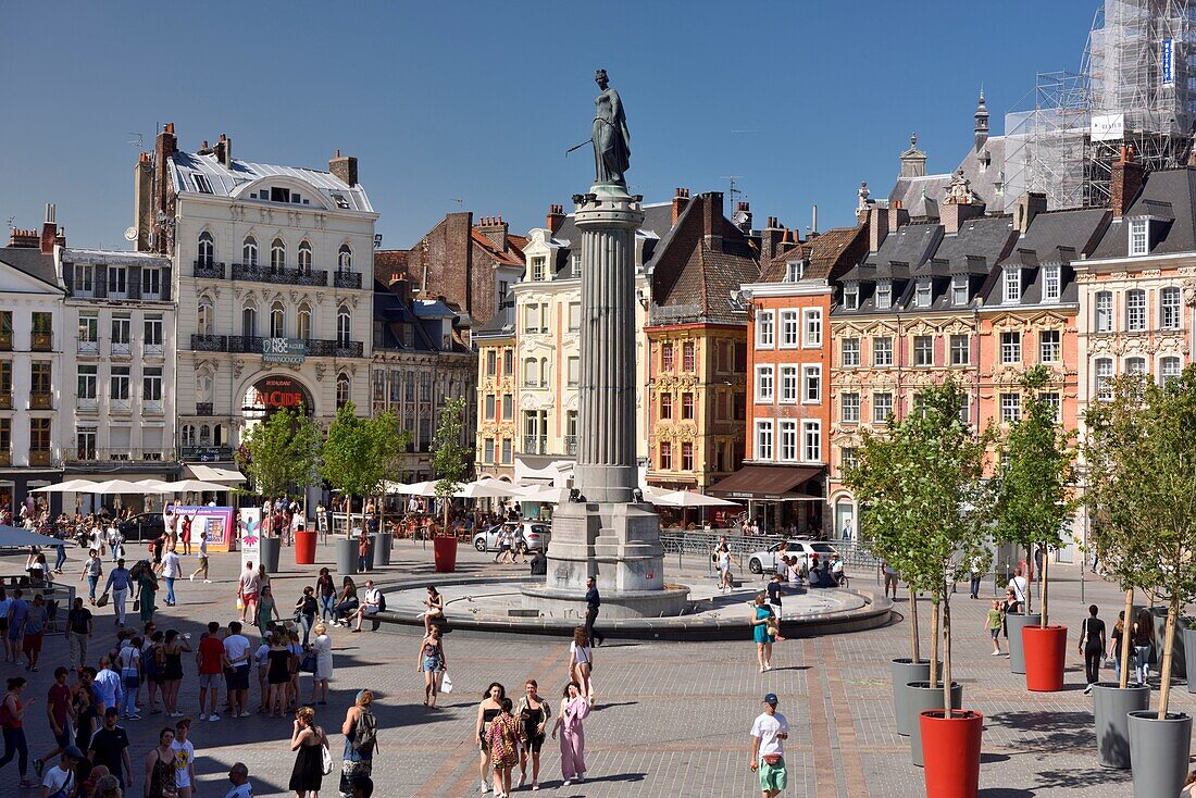 France, Nord, Lille, Place du General De Gaulle or Grand Place, statue of the goddess on its column\n