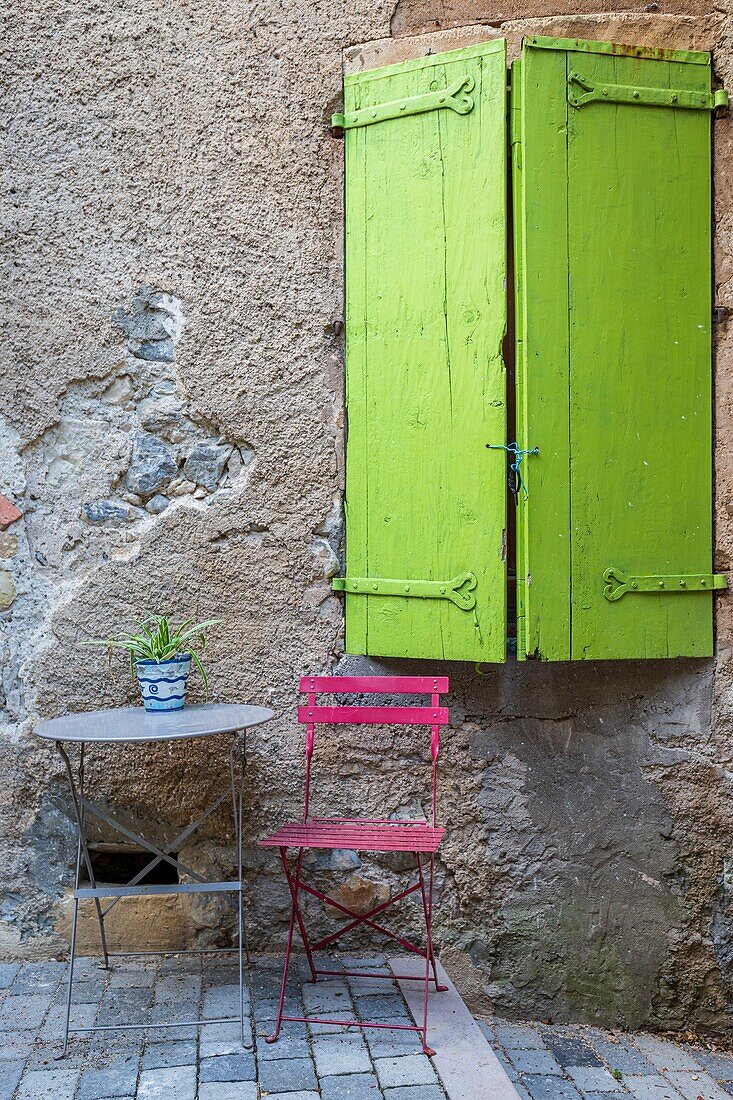 France, Hautes-Alpes, regional natural park of Baronnies provençales, Orpierre, private terrace in a village alley\n