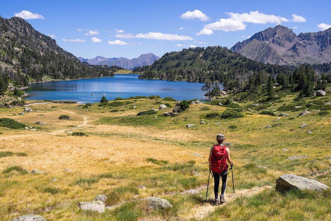 France, Hautes Pyrenees, Neouvielle Nature Reserve, Aumar Lake (2193 m), GR10 hiking trail\n