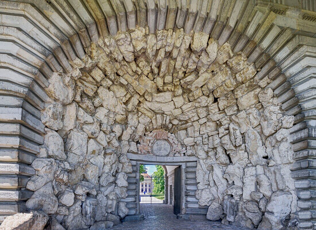 France, Doubs, Arc-et-Senans, royal saltworks built by architect Claude-Nicolas Ledoux listed as World Heritage by UNESCO, the gate\n