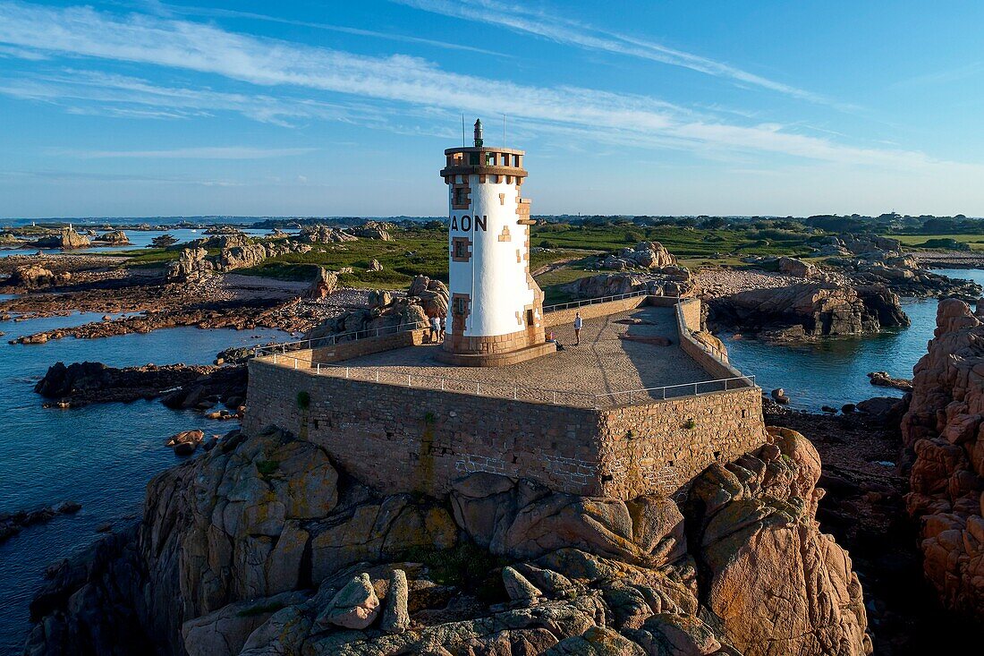 France, Cotes d'Armor, ile de Brehat, lighthouse at Pointe du Paon (aerial view)\n