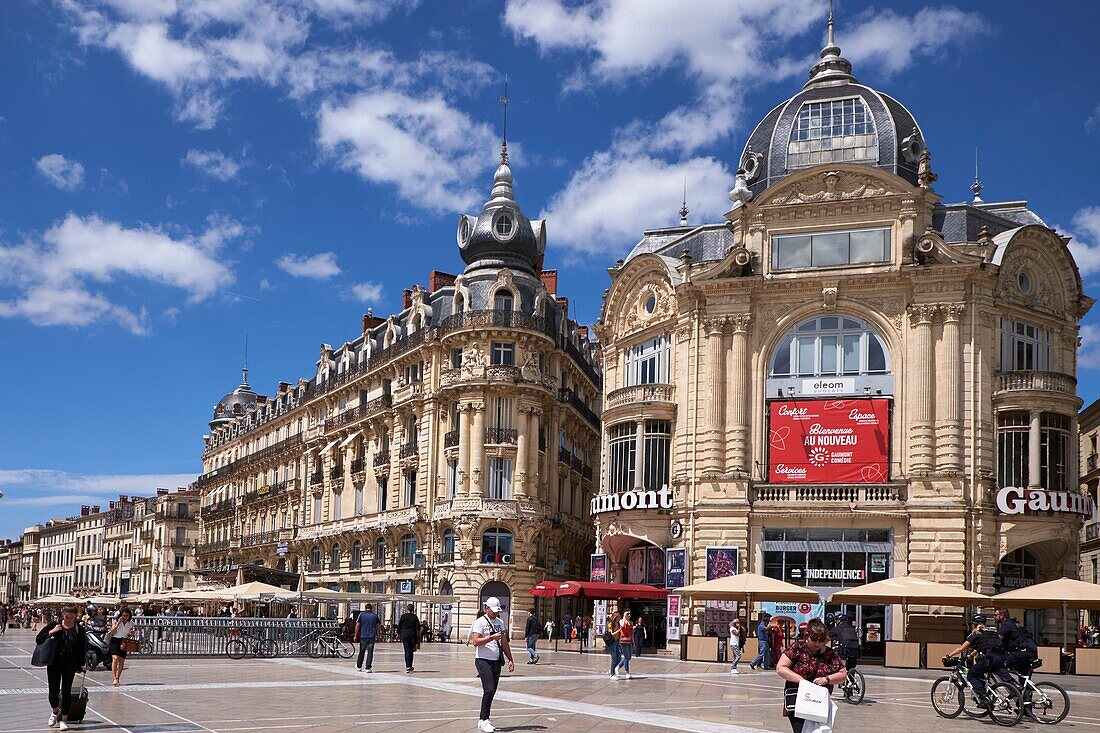 France, Herault, Montpellier, the Ecusson, Place de la Comedie (Comedy Square), the Gaumont cinema and the building named the Deep sea diver\n