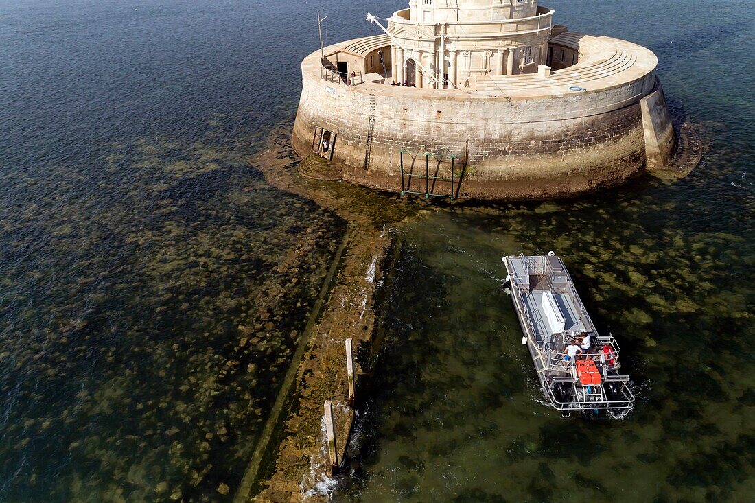 France, Gironde, Verdon-sur-Mer, rocky plateau of Cordouan, lighthouse of Cordouan, classified Historical Monuments, visit of the lighthouse with transfer by boat and amphibious barge\n