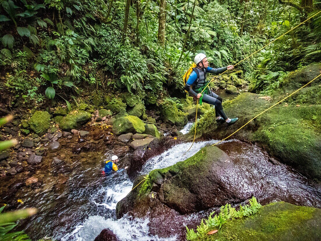 France, Caribbean, Lesser Antilles, Guadeloupe, Basse-Terre, Gourbeyre, canyoning on the blue basin trail\n