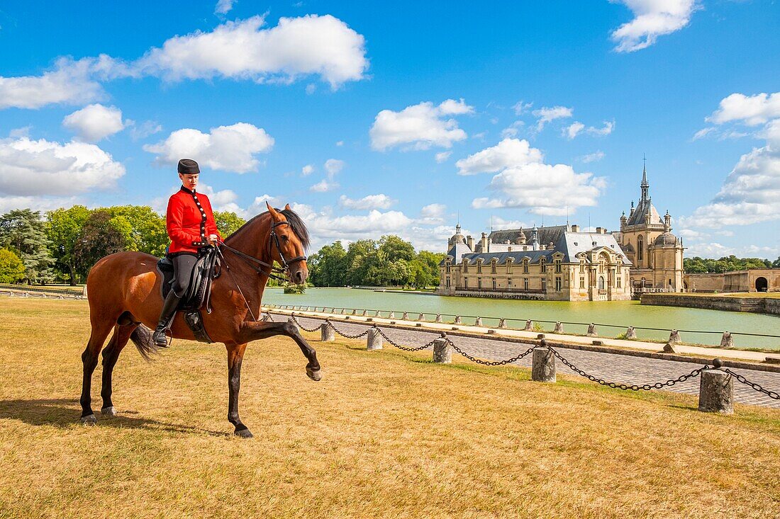 France, Oise, Chantilly, Chateau de Chantilly, the Grandes Ecuries (Great Stables), Clara rider of the Grandes Ecuries, runs his horse at the Spanish pace in front of the castle\n