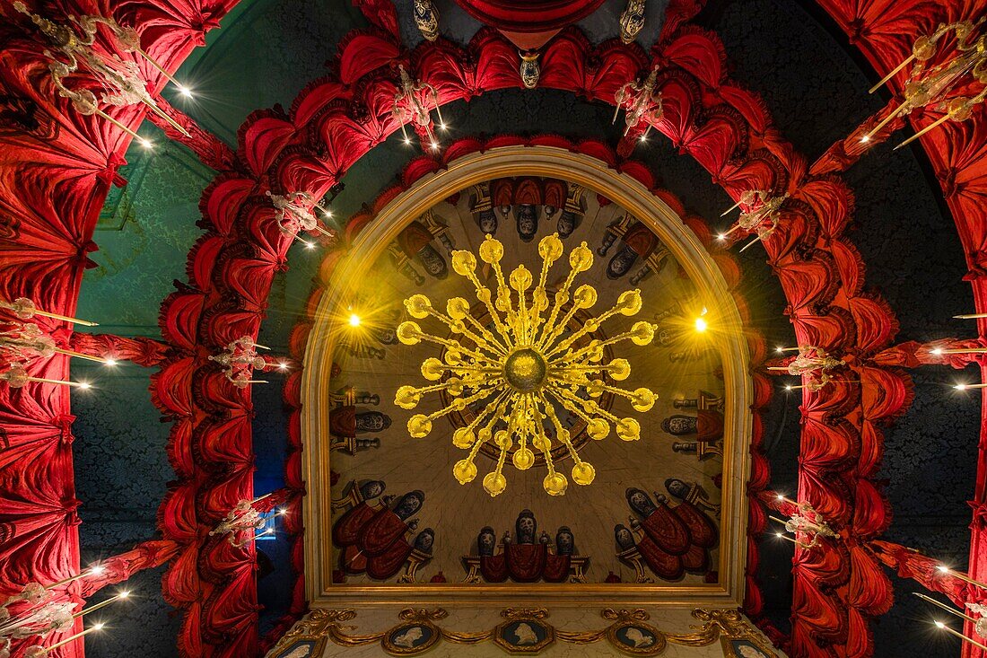 France, Yvelines (78), Montfort-l'Amaury, Groussay castle, The 250-seat theatre inspired by the Margravine theatre in Bayreuth, the ceiling and its chandelier\n