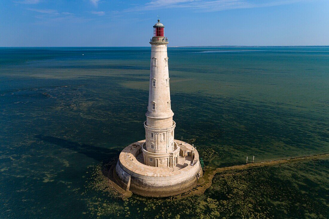 France, Gironde, Verdon-sur-Mer, rocky plateau of Cordouan, lighthouse of Cordouan, classified Historical Monuments, general view (aerial view)\n