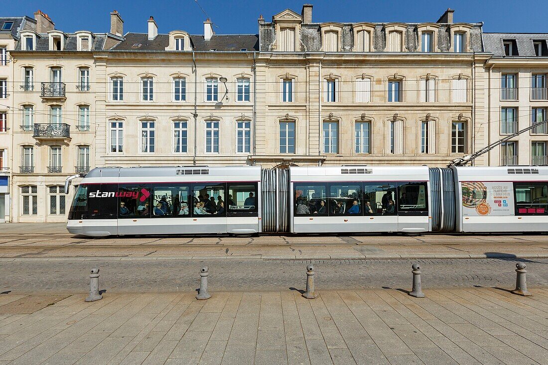 France, Meurthe et Moselle, tramway and facades in Rue Saint Jean (Saint Jean street)\n