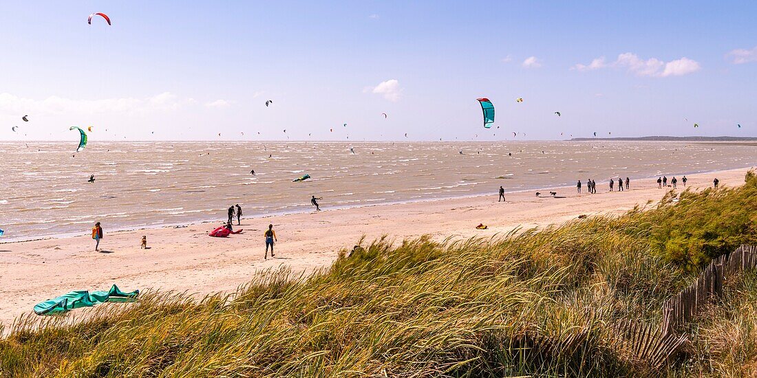 "Frankreich, Somme, Bucht der Somme, Le Crotoy, der Strand von Crotoy ist ein beliebtes Ziel für Kitesurfer und Windsurfer; nach einem Sturm, wenn die Sonne mit einem kräftigen Wind zurückkehrt, sind die Sportler zahlreich und ihre bunten Segel erhellen die Landschaft"