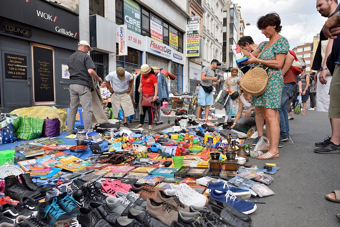 France, Nord, Lille, Molinel Street, jumble sale 2019, shoes and books\n