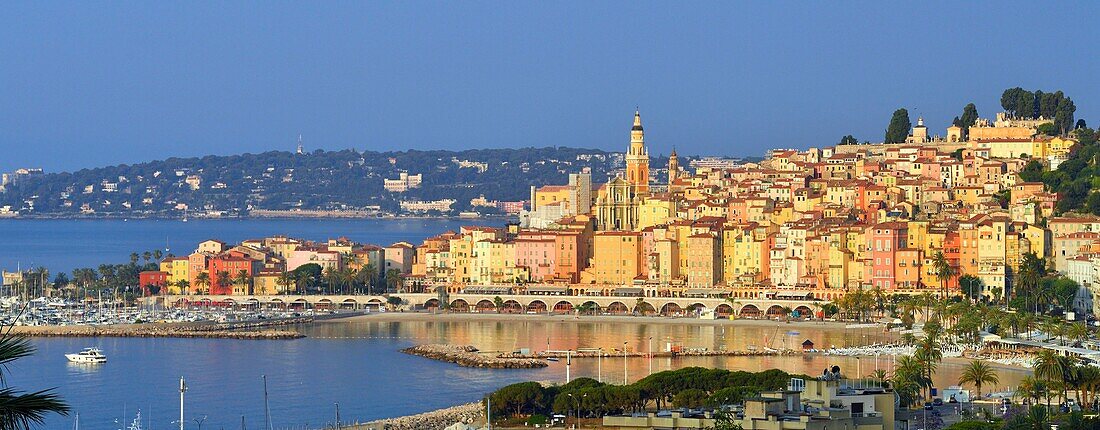 France, Alpes Maritimes, Cote d'Azur, Menton, the port and the old town dominated by the Saint Michel Archange basilica\n