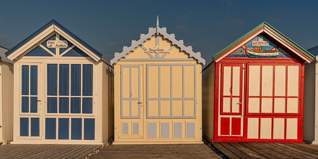 France, Somme, Cayeux sur Mer, The path boards in Cayeux sur Mer is the longest in Europe, it sports its colorful beach cabins with evocative names on nearly 2 km long on the pebble cord\n