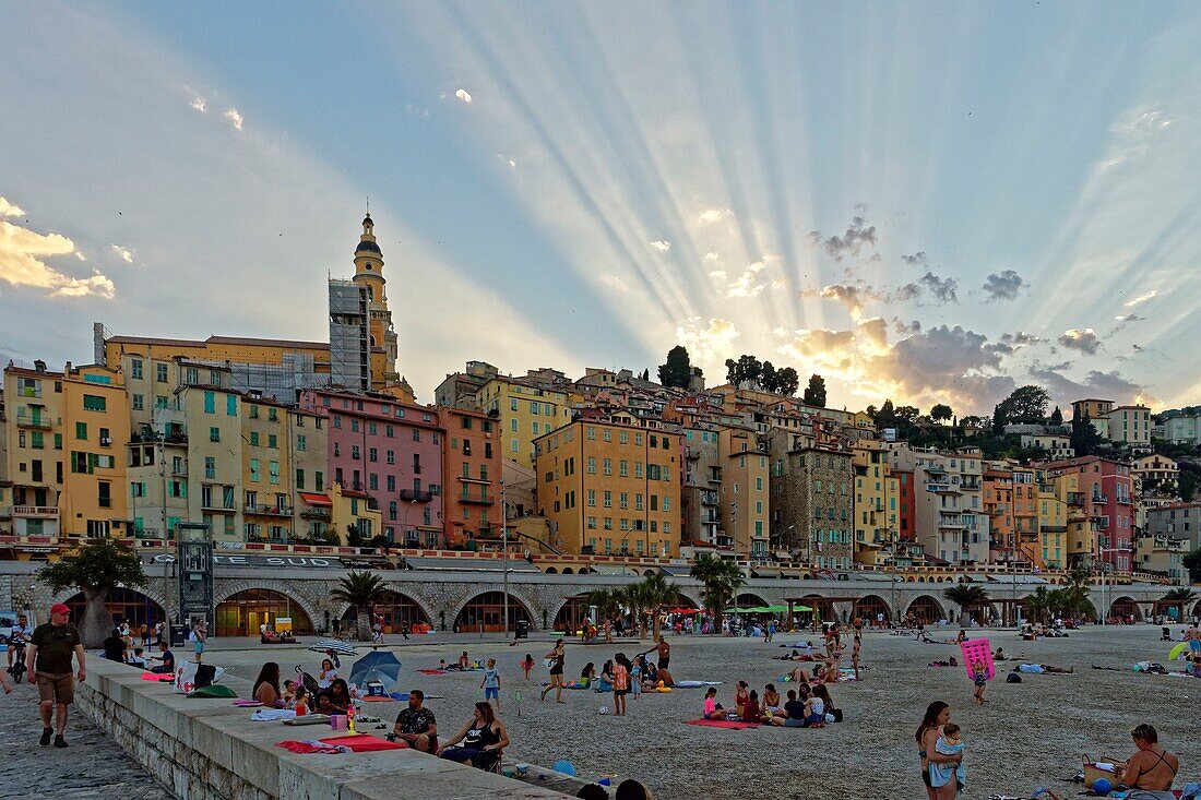 France, Alpes Maritimes, Cote d'Azur, Menton, the beach and the old town dominated by the Saint Michel Archange basilica\n